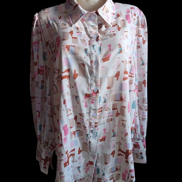 2XL Vintage 80s Abstract Print Blouse With Down Slinky Polyester Pleated Back De - Picture 1 of 7